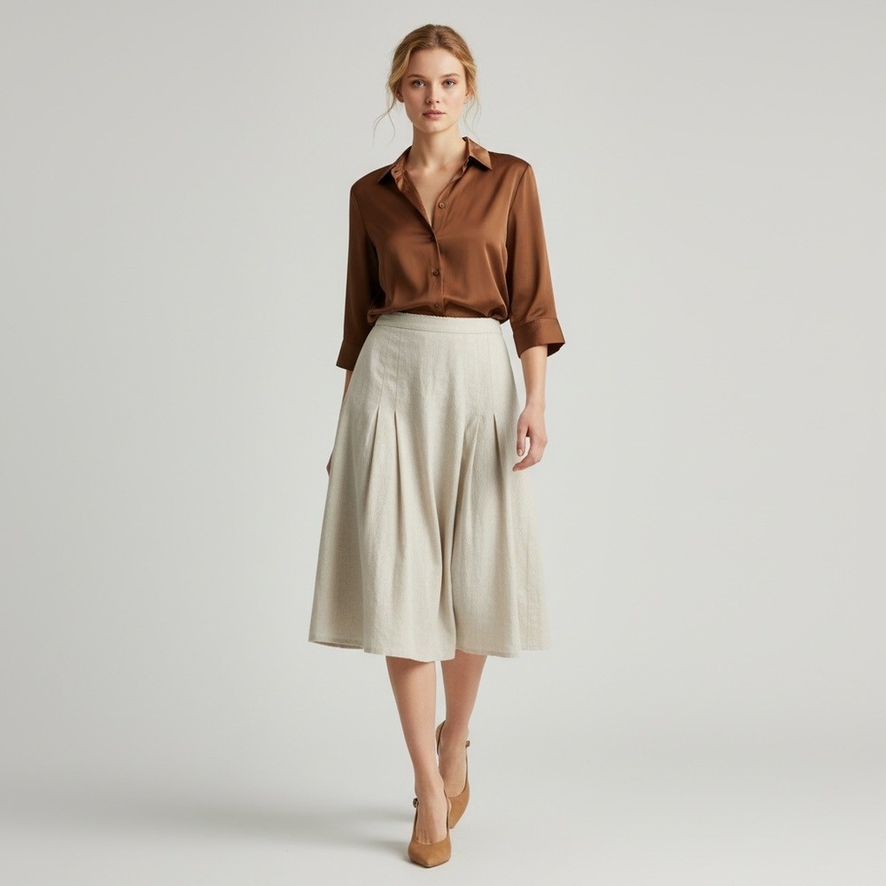 BCBGMAXAZRIA Beige Linen Blend Minimalist Quiet Luxe Pleated Midi Skirt A-Line M